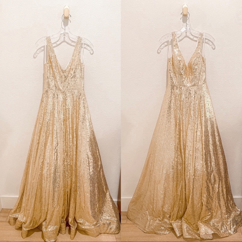 Mac Duggal NWT Gold Sequin Ball Gown Prom Homecoming Gala Dress
